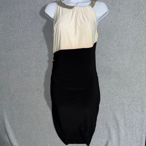 Lauren Ralph Lauren Evening Dress 10 Cream Black Embellished Ruched Sheath - Picture 12 of 13